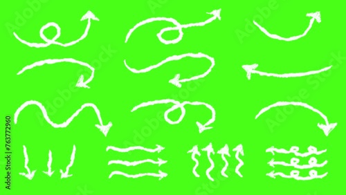Set of white hand drawn style with crayon brush pointer animation green screen. Variety of doodle animated arrow. Popping charcoal arrows footage video. Freehand different sketch curved swirl line 4K