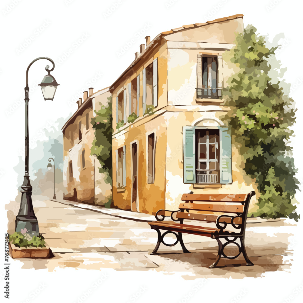 A French Street with Bench clipart isolated on white
