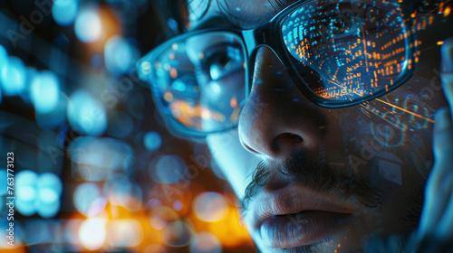 A close-up of a scientist analyzing data on a futuristic holographic display