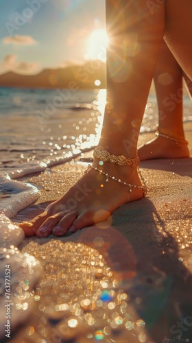 closeup of a girls feet at the beach wearing ankle bracelets