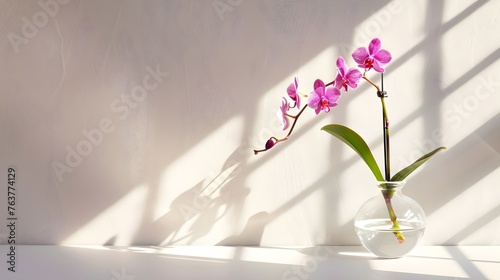 Sprig of purple orchid in transparent vase on white background with bright lighting, copy space, horizontal photo. Flower silhouette and blurred shadow mesh on wall. Orchidaceae, minimalist aesthetic © PSCL RDL