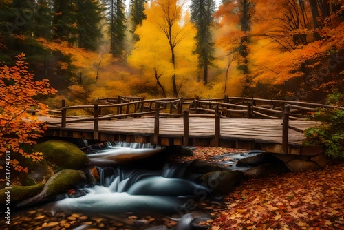A rustic wooden bridge across a trickling brook is surrounded by bright autumn foliage, highlighting the splendor of the fall season. © MB Khan