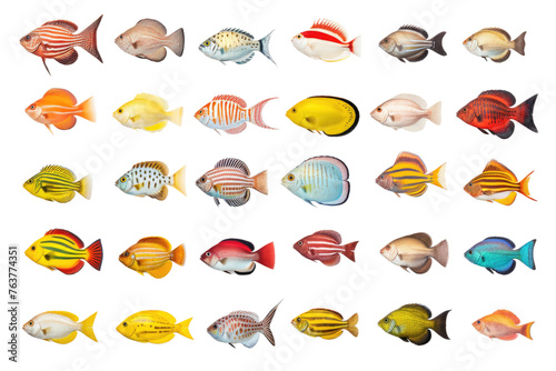 Diverse Group of Colorful Fish on White Background. On a White or Clear Surface PNG Transparent Background.
