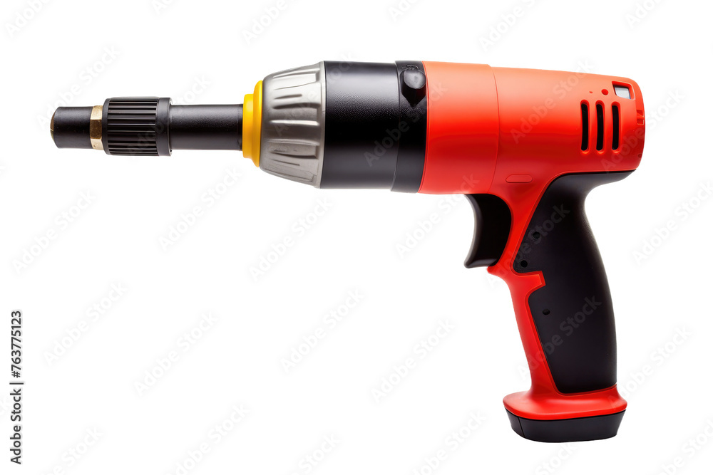 Red and Black Drill With Yellow Handle. On a White or Clear Surface PNG Transparent Background.