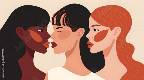Three beautiful women with different skin colors stand together. Abstract minimal portrait of girls face to face. Concept of sisterhood and females friendship.