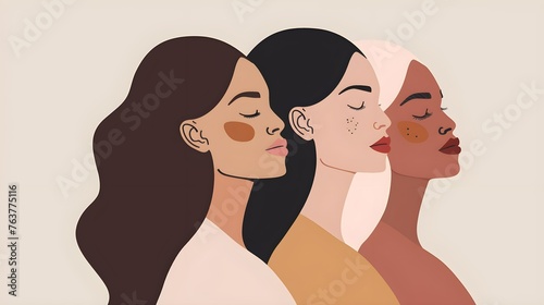 Three beautiful women with different skin colors stand together. Abstract minimal portrait of girls face to face. Concept of sisterhood and females friendship.