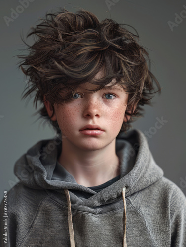 Windblown hairstyle on boy with captivating blue eyes in casual grey hoodie photo