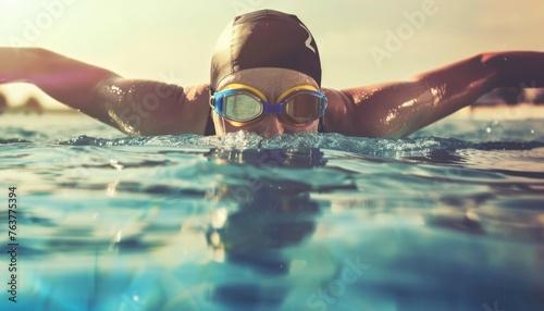 Professional Swimming Athlete in action front angle view under and over water, aerobic swimmer, proudly represent and wearing the United States flag pattern on head covering and swim goggles