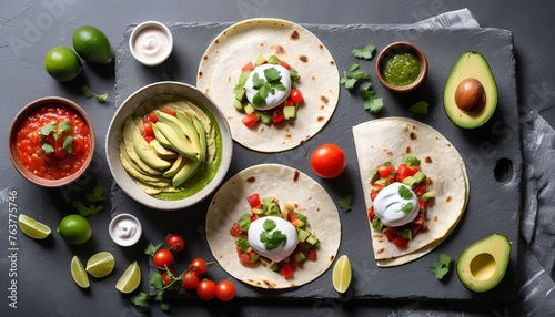 Home made tortillas served with chicken avocado, tomatoes salsa verde and red salsa, lime, chilies, yogurt and coriander