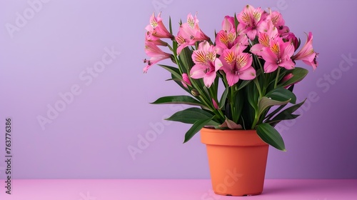 Vibrant pink Alstroemeria flowers in a terracotta pot on a pastel purple background © PSCL RDL
