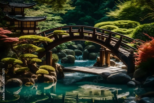 An lovely little bridge arching over a clean stream in a Japanese-inspired garden, surrounded by bonsai trees. 