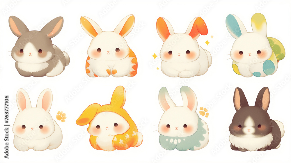 Fototapeta premium An enchanting illustration of a fluffy cartoon rabbits basking in the warm sunlight, surrounded by soft greenery on white background.