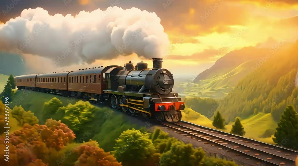 A opulent steam locomotive pulling an ornate passenger train through a scenic countryside landscape