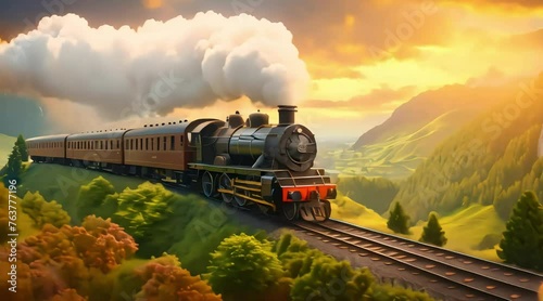A opulent steam locomotive pulling an ornate passenger train through a scenic countryside landscape photo