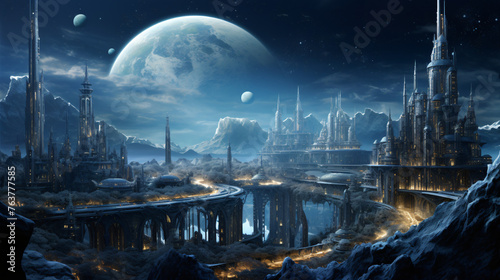 A cityscape on the moon with domed structures
