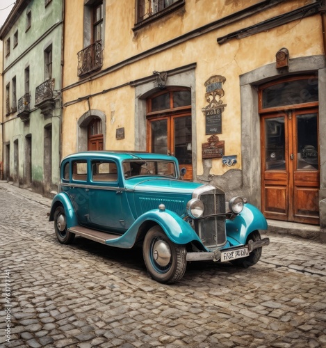 A stunning blue classic car with cream accents provides a pop of color on an ancient European street. The timeless design stands as a tribute to the craftsmanship of its era. AI generation © Anastasiia