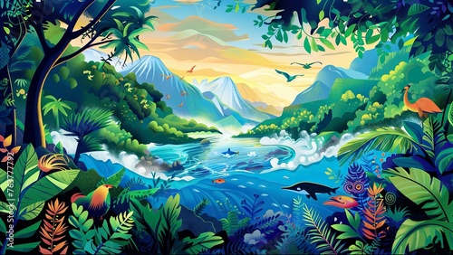  illustration of a diverse ecosystem, including lush forests, pristine oceans, and majestic mountains, with animals in their natural habitats.