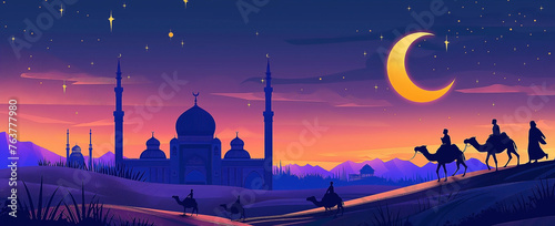 People on camels under moon, a night sky with stars, a mosque silhouette in the background