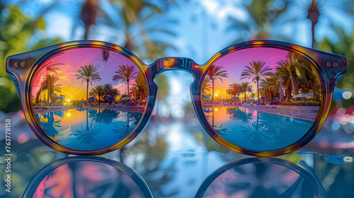 Elegant Sunglasses Showcasing A Reflective Poolside Paradise © oxart_studio