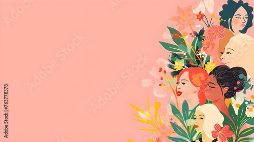 Women's day celebration banner, 8 march, multiple women faces graphic illustration, horizontal copy space on pastel pink background 