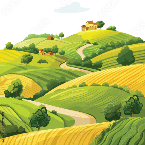 A peaceful countryside with rolling hills and farms.