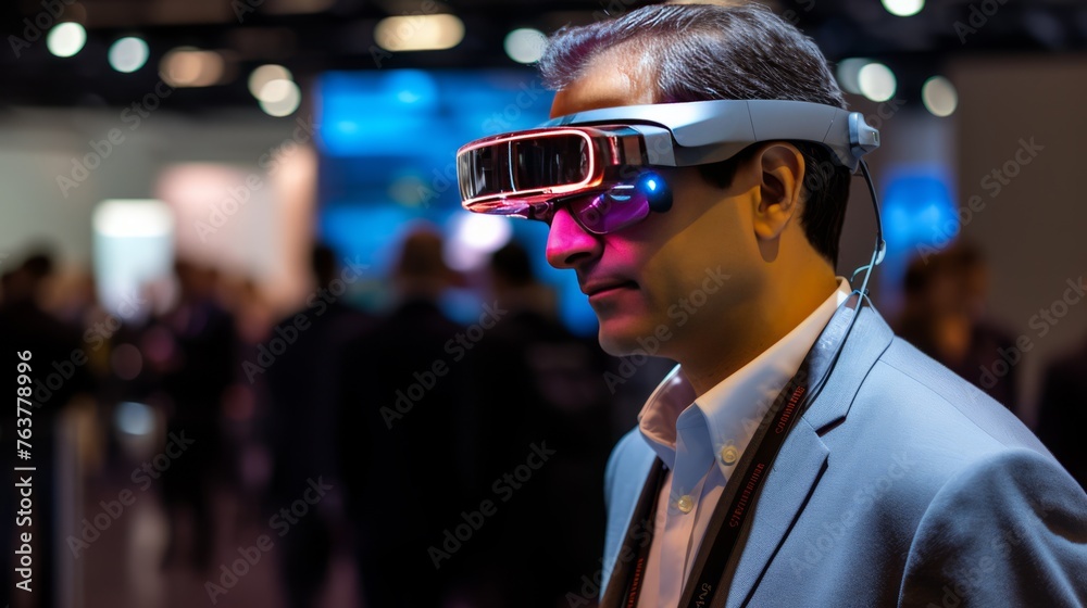 A man wearing a virtual reality headset points at a screen A man wearing a virtual reality headset points at a screen