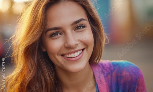 A stunning portrait of a young woman with a captivating smile, bathed in the soft glow of evening light. The bokeh effect in the background accentuates her cheerful presence. AI generation