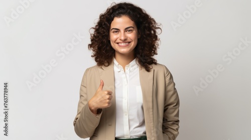 A woman in a tan jacket and white shirt is giving a thumbs up