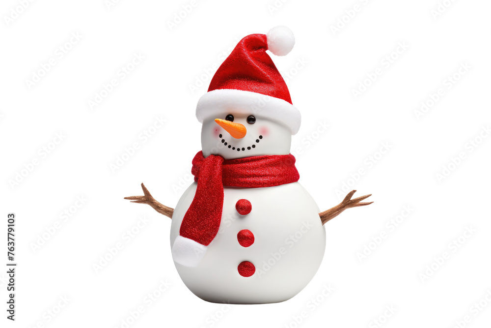 Snowman With Red Hat and Scarf. On a White or Clear Surface PNG Transparent Background.