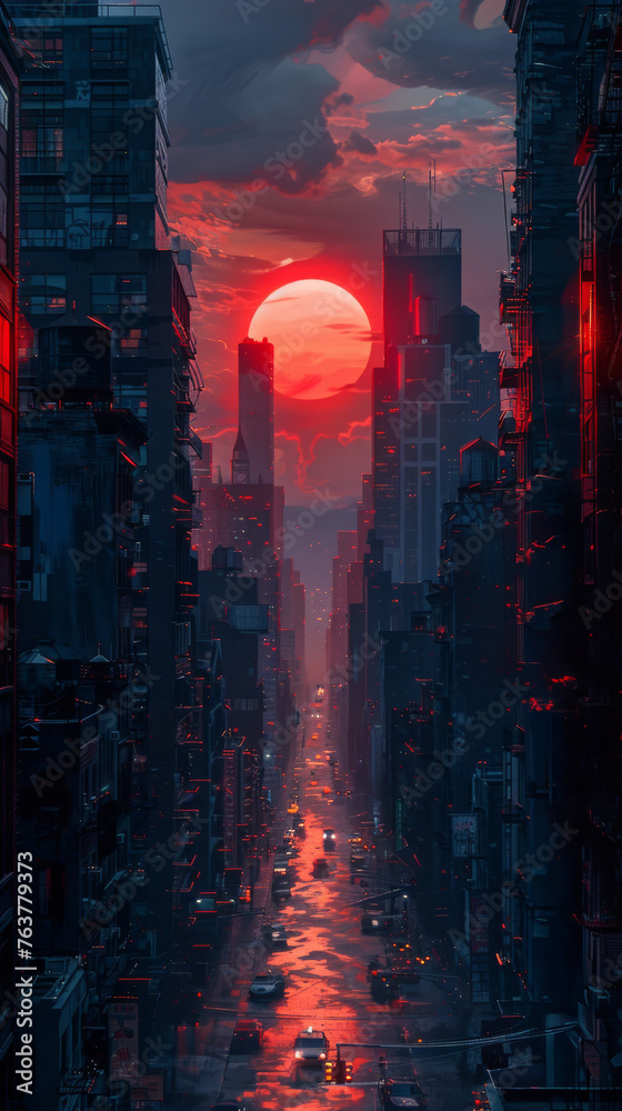 Dusky Neon City, Red Sun Over Urban Horizon