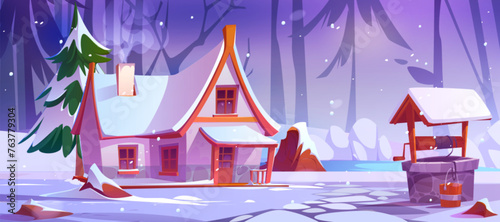 Winter landscape with cozy rural house and well tube with backet in forest with trees and ground covered with snow. Cartoon vector cold season country scenery of snowy woodland with cottage.
