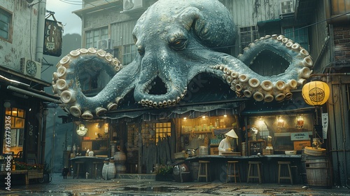 A large octopus is the main focus of this image, which is set in a wet