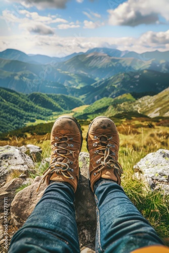 close-up of hiking boots overlooking a mountain landscape