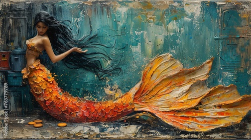 A woman in a mermaid costume is painted on a blue background
