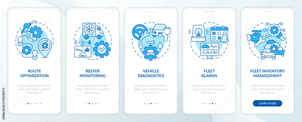 Vehicle diagnostics system blue onboarding mobile app screen. Walkthrough 5 steps editable graphic instructions with linear concepts. UI, UX, GUI template. Myriad Pro-Bold, Regular fonts used