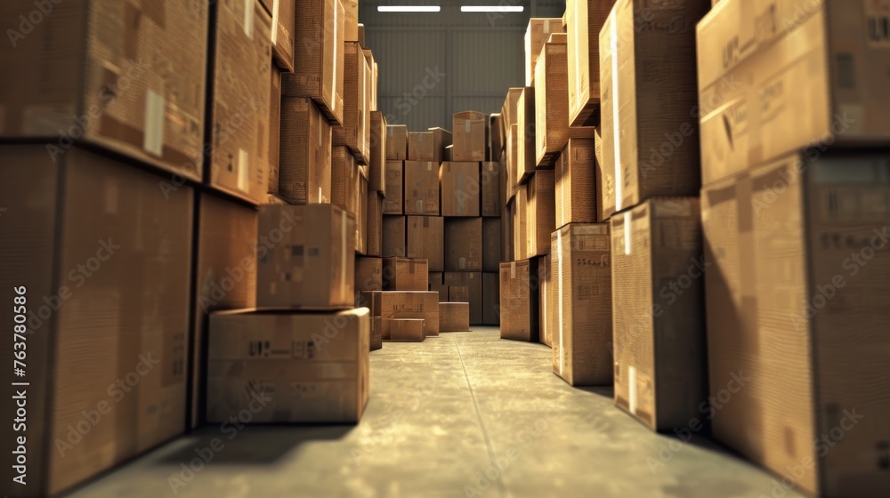 Stack of cardboard boxes in storage warehouse, 3d rendering. generative AI image