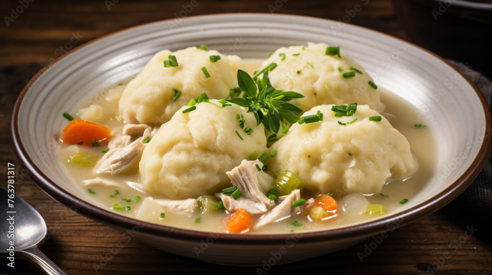 A comforting bowl of chicken and dumplings with fluffy