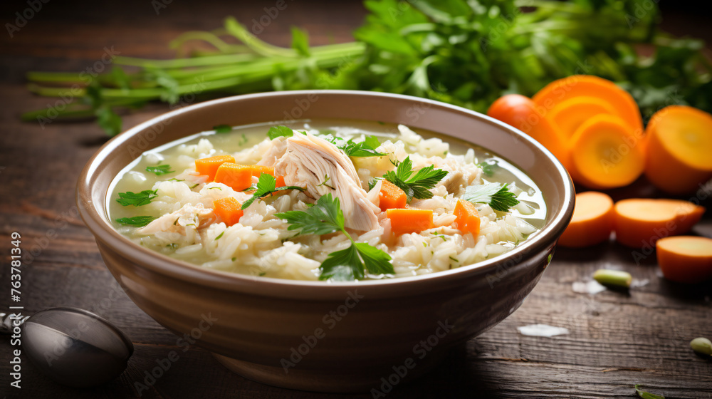 A comforting bowl of chicken and rice soup with carrot