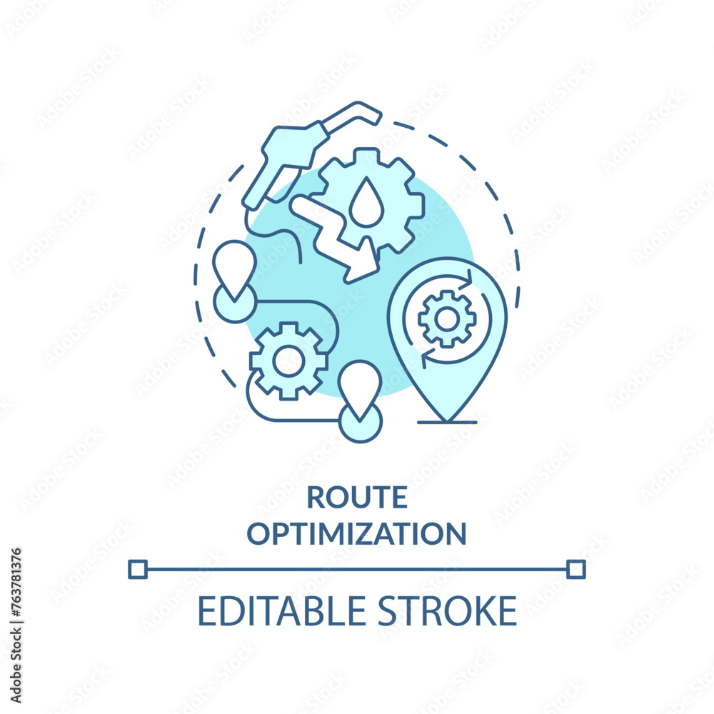 Route optimization soft blue concept icon. Operational costs reduce. Fuel consumption management. Round shape line illustration. Abstract idea. Graphic design. Easy to use in infographic Route optimization soft blue concept icon. Operational costs reduce. Fuel consumption management. Round shape line illustration. Abstract idea. Graphic design. Easy to use in infographic