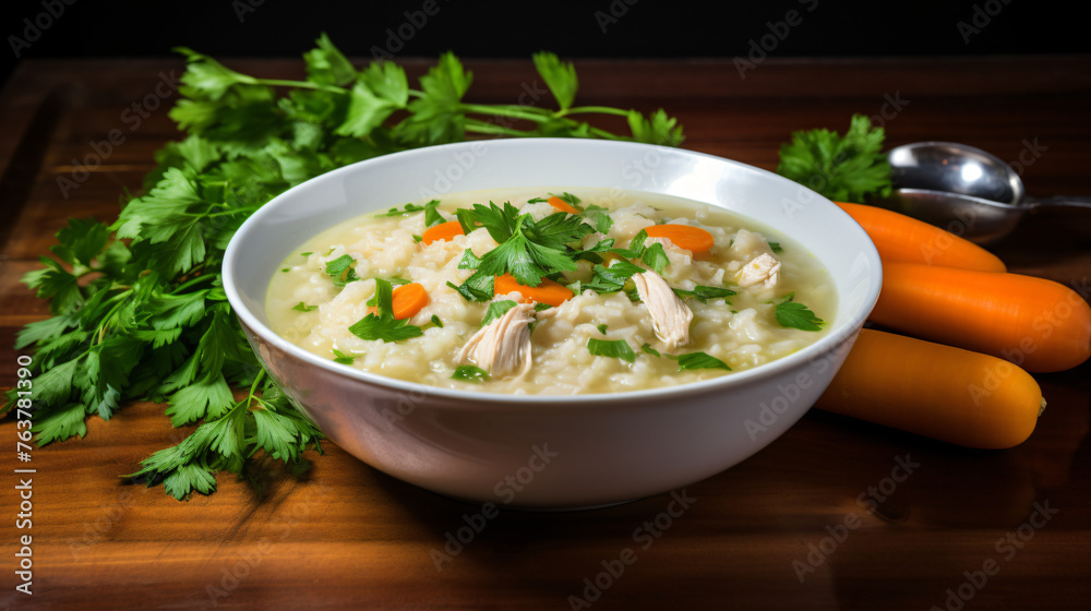 A comforting bowl of chicken and rice soup with carrot