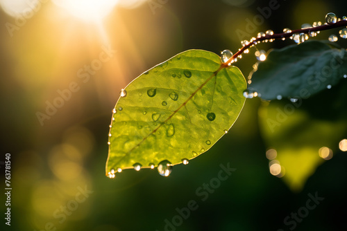 Glowing Dawn Light Pierces Through a Vibrant Green Leaf Bedecked with Dewdrops, Quietly Celebrating the Start of a New Day in Nature photo