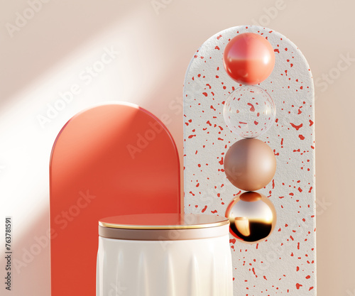 Geometric product presentation pedestal. A game of shapes and bright colors created by acrylic glass. Scene for beauty products, decorations, makeup and accessories. 3d.