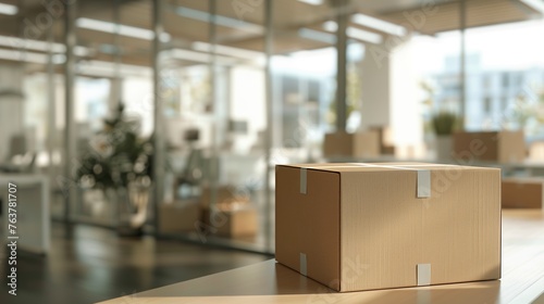 Packing cardboardes on blured plan office space