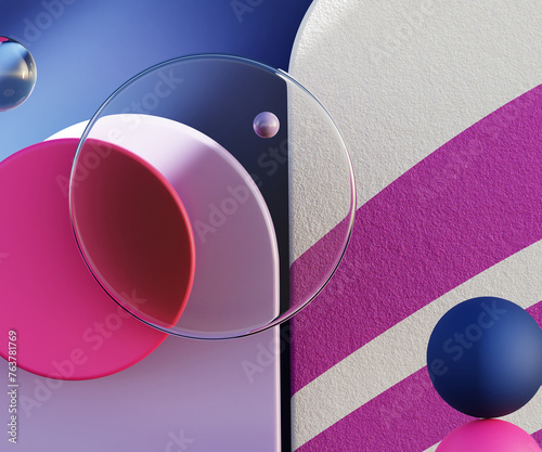 Geometric product presentation pedestal. A game of shapes and bright colors created by acrylic glass. Scene for beauty products, decorations, makeup and accessories. 3d.