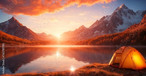 As the sun sets, the sky ignites with fiery hues above a peaceful campsite nestled by a calm lake, with mountains standing guard. A lone tent illuminated from within offers a haven amidst the wild