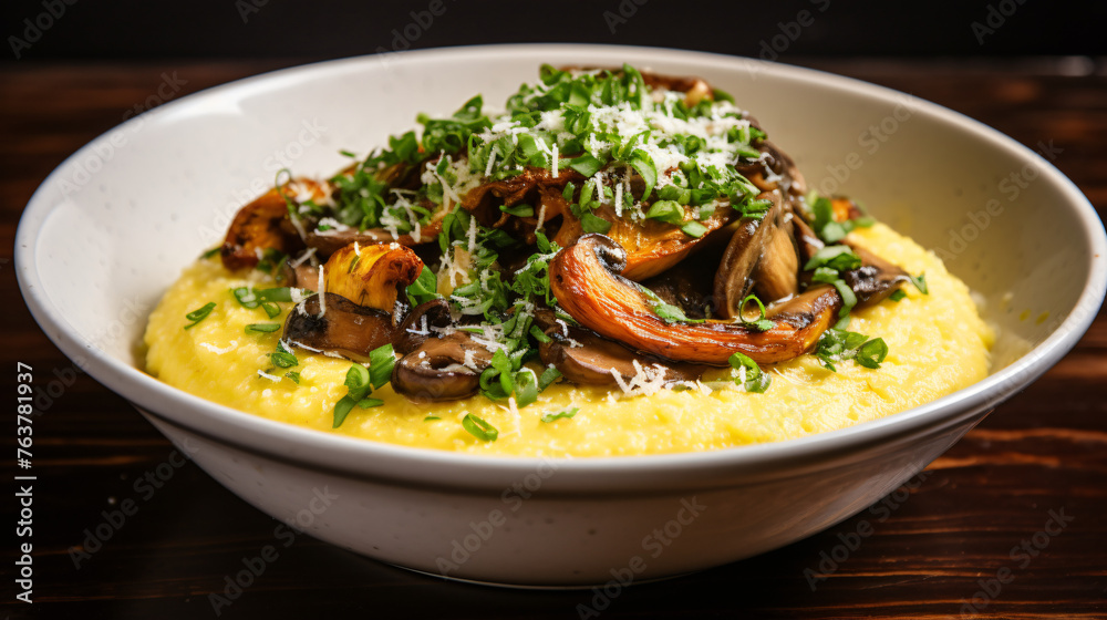 A comforting bowl of creamy polenta topped with sauted