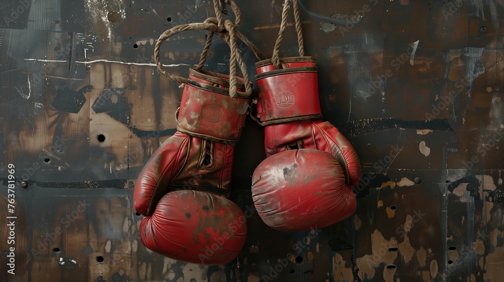 Two old red boxing gloves hanging on wall