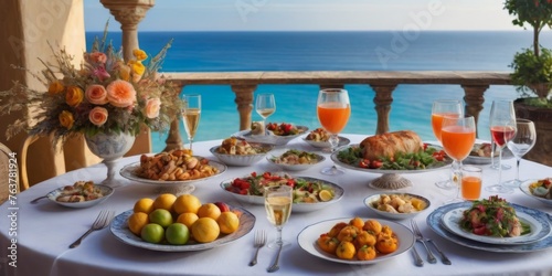 An exquisitely set table offers a lunch selection with the azure sea forming a serene horizon. Each dish reflects the sumptuousness of a midday meal in a luxurious seaside setting. AI generation
