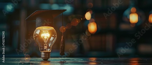 A miniature graduation cap sits atop a glowing light bulb