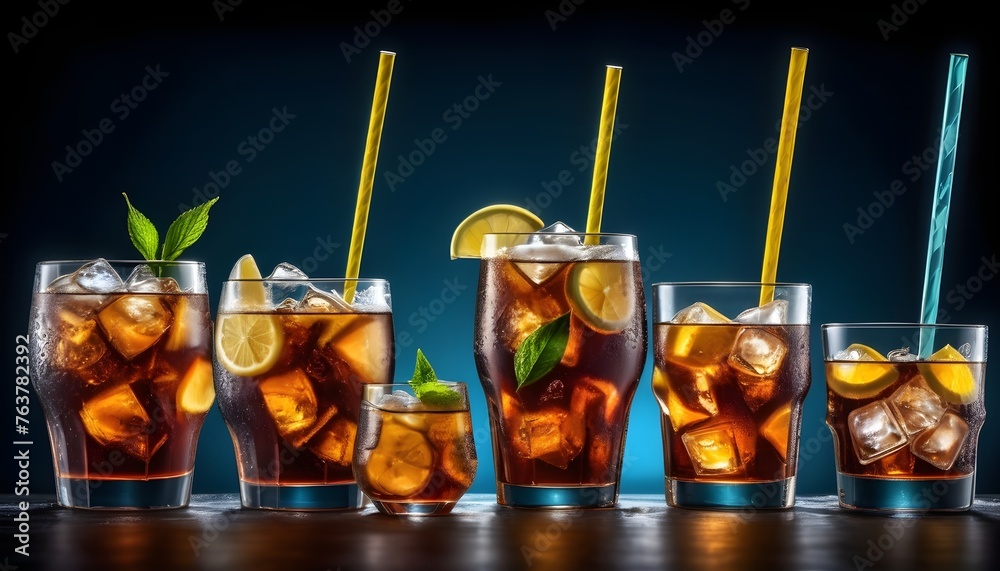 Iced tea glasses of different shapes lined up - obrazy, fototapety, plakaty 
